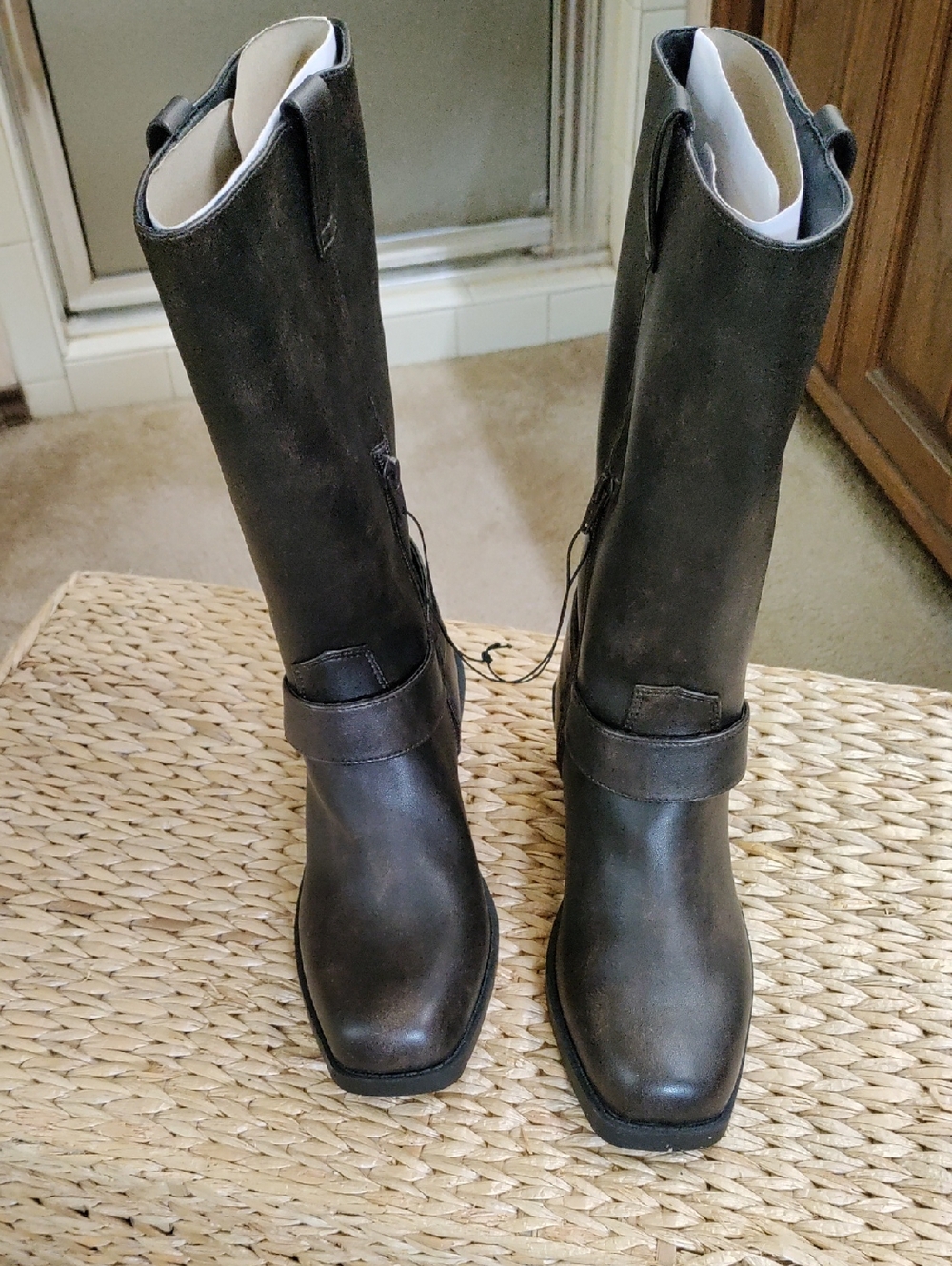 Time and Tru Women's Tall Dark Brown Distressed Moto Pull-On Boots With Zipper